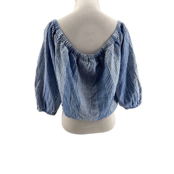 American Eagle Blue Striped Linen Blend Puff Sleeve Off The Shoulder Crop Top XL - Picture 3 of 5